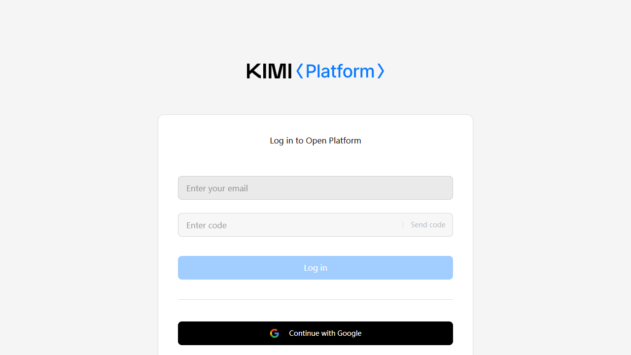 Kimi Open Platform login page with email/code login and Google OAuth