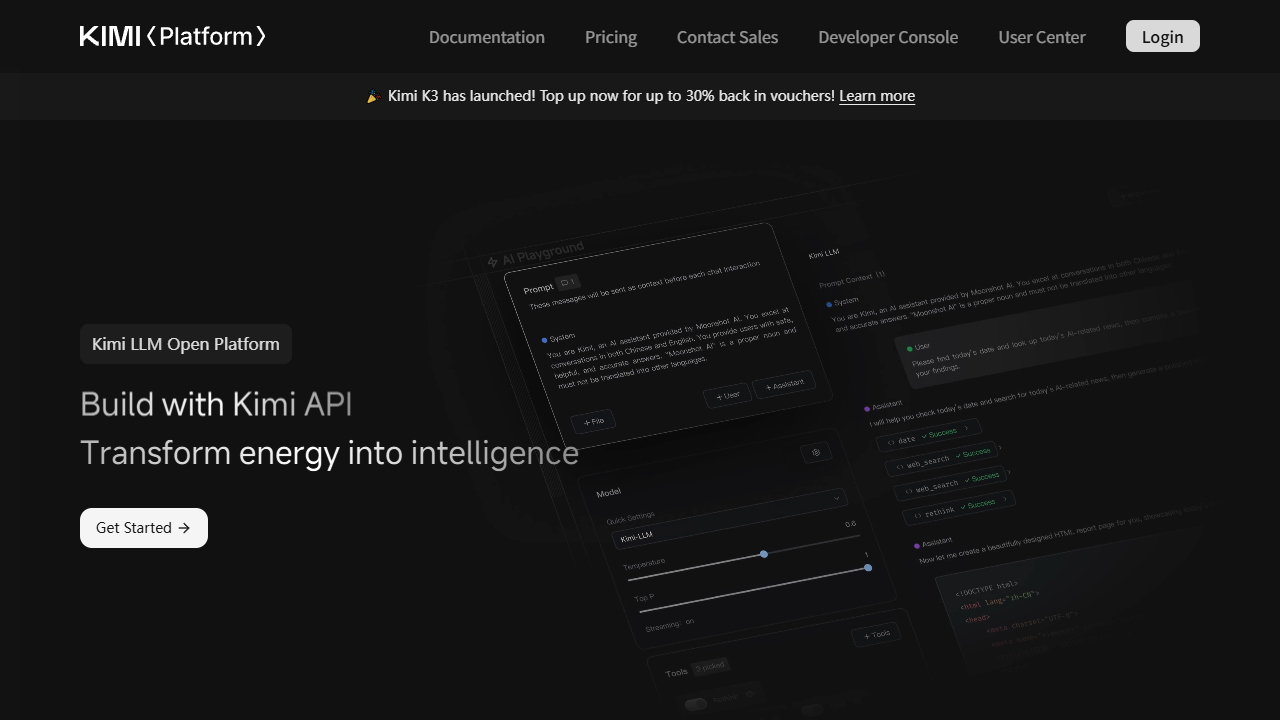 Kimi API Platform homepage showing the Kimi K3 launch banner