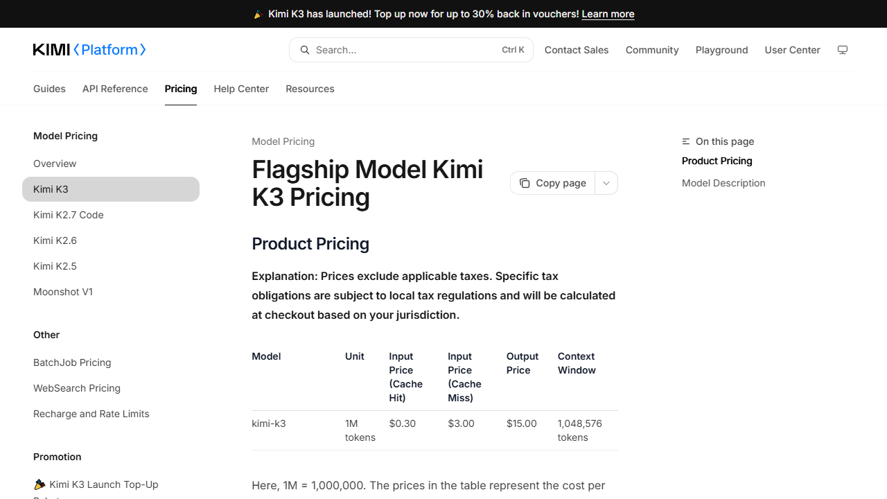 Official Kimi K3 pricing table showing cache hit, cache miss, output price, and context window