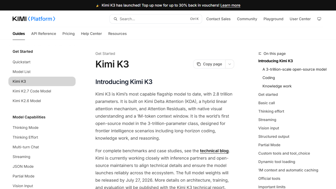 Kimi K3 quickstart documentation page, describing KDA and the 1M-token context window